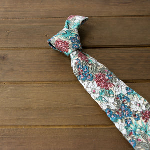 Men's Salt Shrinking Seersucker Cotton Floral Print Necktie, Blue Tan (Color FS01)