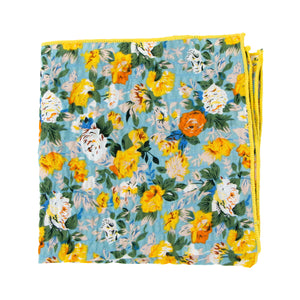 Men's Salt Shrinking Seersucker Cotton Floral Print Pocket Square, Blue Yellow (Color FS05)