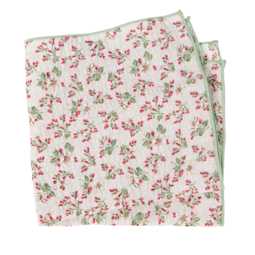 Men's Salt Shrinking Seersucker Cotton Floral Print Pocket Square, Beige Sage Red (Color FS08)