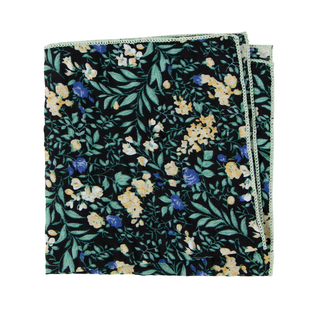 Men's Salt Shrinking Seersucker Cotton Floral Print Pocket Square, Black Green (Color FS09)