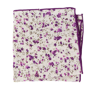 Men's Salt Shrinking Seersucker Cotton Floral Print Pocket Square, Ivory Purple (Color FS10)