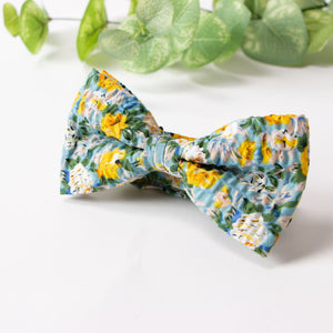 Men's Salt Shrinking Seersucker Cotton Floral Print Bow Tie, Blue Yellow (Color FS05)