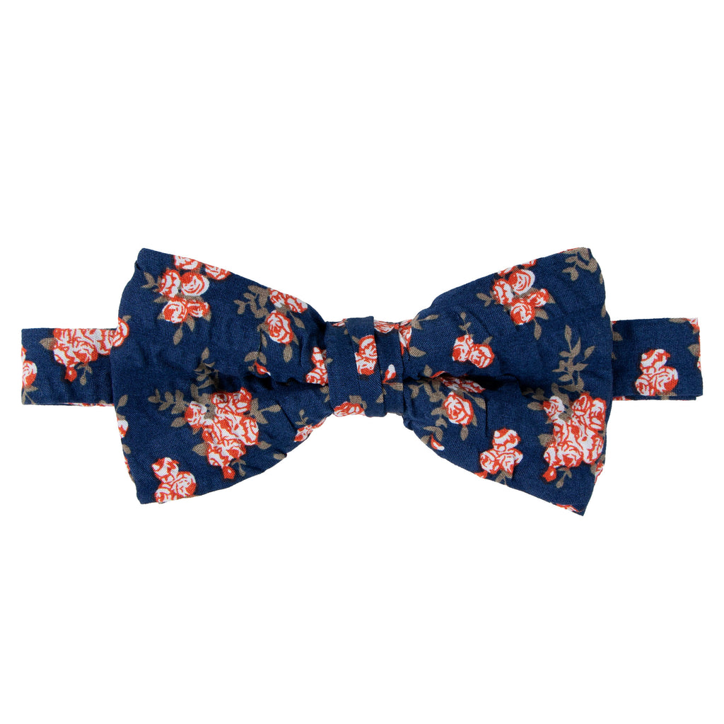 Men's Salt Shrinking Seersucker Cotton Floral Print Bow Tie, Blue Orange (Color FS07)