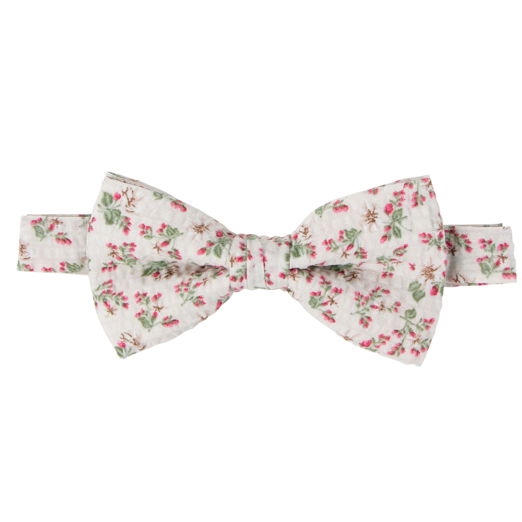 Men's Salt Shrinking Seersucker Cotton Floral Print Bow Tie, Beige Sage Red (Color FS08)
