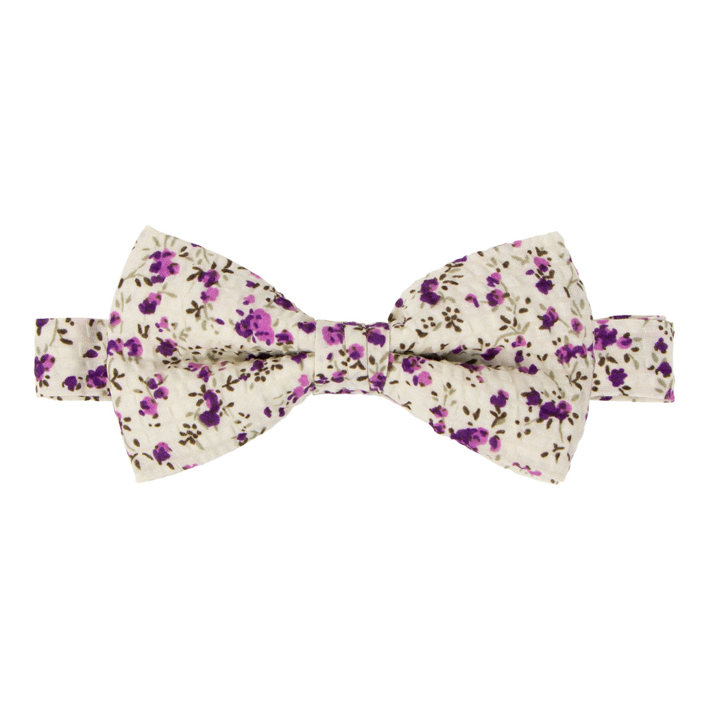 Men's Salt Shrinking Seersucker Cotton Floral Print Bow Tie, Ivory Purple (Color FS10)