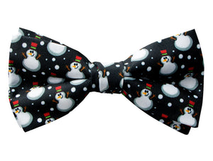 Men's Printed Christmas Theme Pretied Bow Tie, Black Snowman