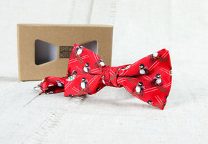 Men's Printed Christmas Theme Pretied Bow Tie, Red Skiing Penguin