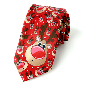 Men's Printed Microfiber Christmas Themed Tie, Red Reindeer