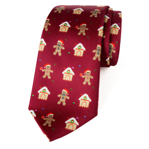 Men's Printed Microfiber Christmas Themed Tie, Gingerbread Man on Burgundy