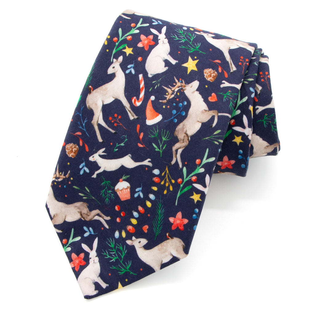 Men's Printed Cotton Christmas Themed Tie, Animals Reindeer