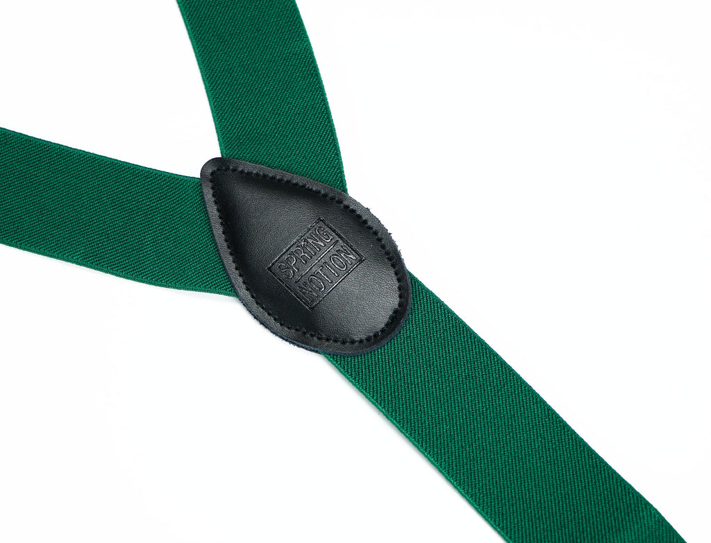 men's emerald green elastic stretch suspenders with genuine leather crosspatch with subtle Spring Notion branding