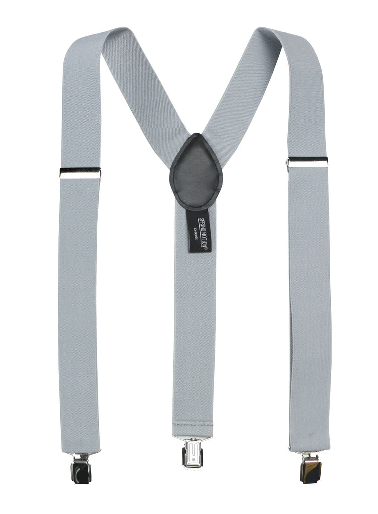men's grey gray elastic stretch suspenders with genuine leather crosspatch with subtle Spring Notion branding