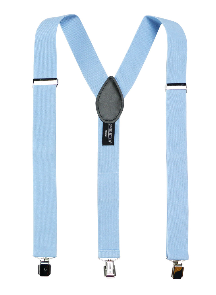 men's light blue elastic stretch suspenders with genuine leather crosspatch with subtle Spring Notion branding