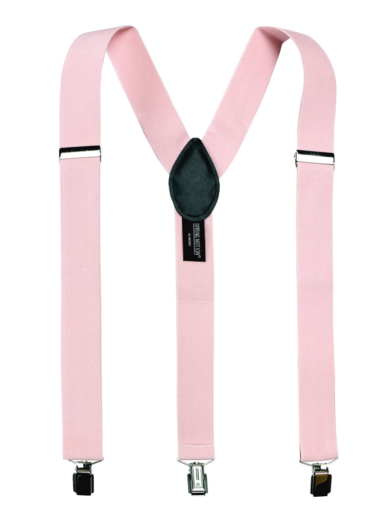 men's light pink baby pink elastic stretch suspenders with genuine leather crosspatch with subtle Spring Notion branding