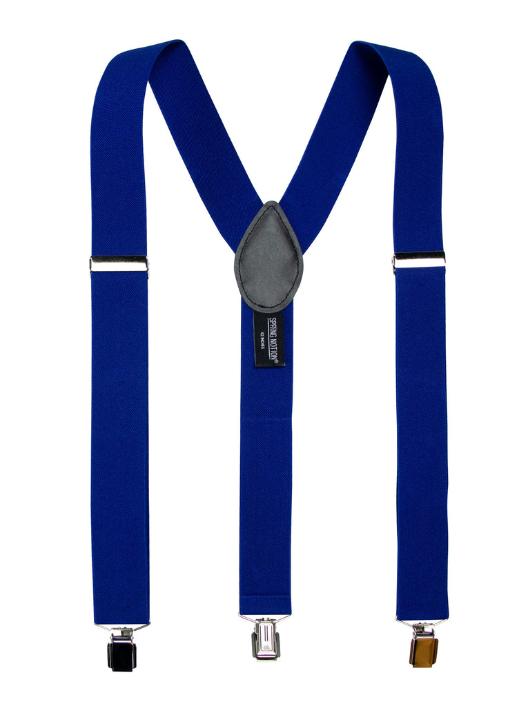 men's royal blue elastic stretch suspenders with genuine leather crosspatch with subtle Spring Notion branding