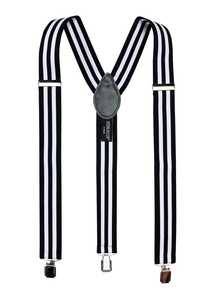 men's black white stripes elastic stretch suspenders with genuine leather crosspatch with subtle Spring Notion branding