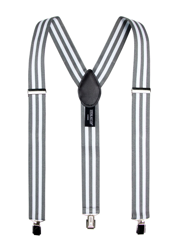 men's grey white stripes elastic stretch suspenders with genuine leather crosspatch with subtle Spring Notion branding