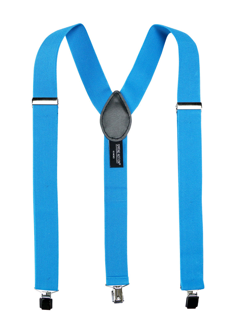 men's turquoise blue green elastic stretch suspenders with genuine leather crosspatch with subtle Spring Notion branding