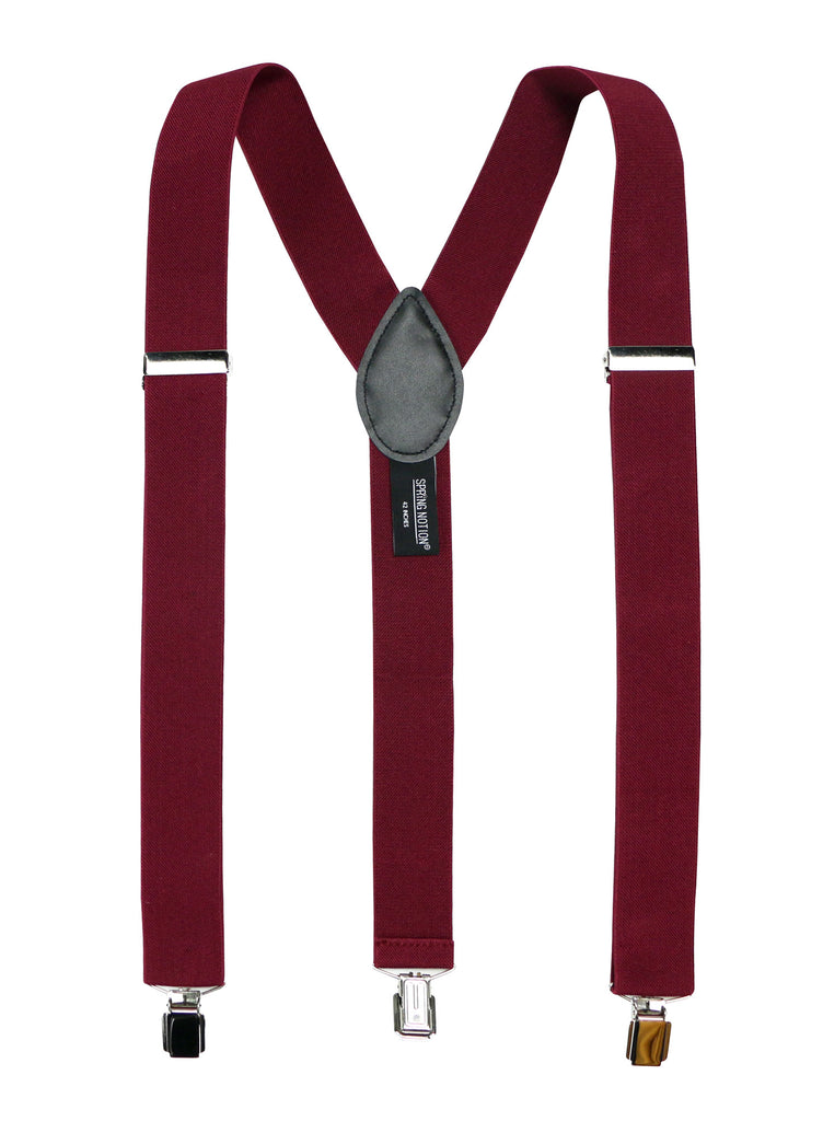 men's burgundy wine elastic stretch suspenders with genuine leather crosspatch with subtle Spring Notion branding
