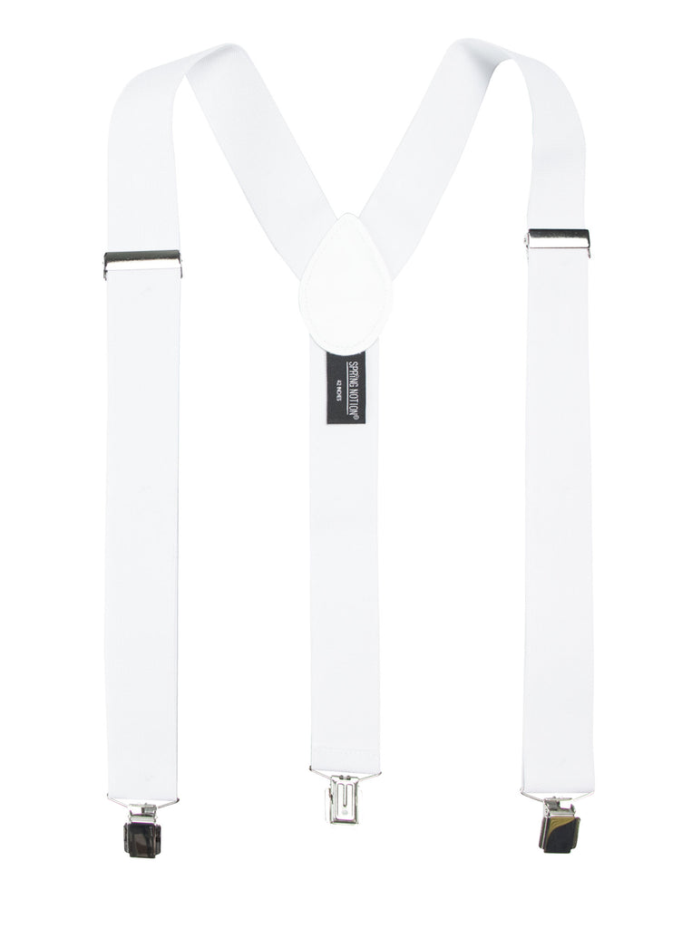 men's white elastic stretch suspenders with genuine leather crosspatch with subtle Spring Notion branding