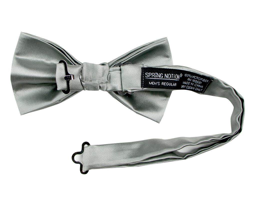 men's grey gray solid color satin microfiber bow tie hook and clasp closure