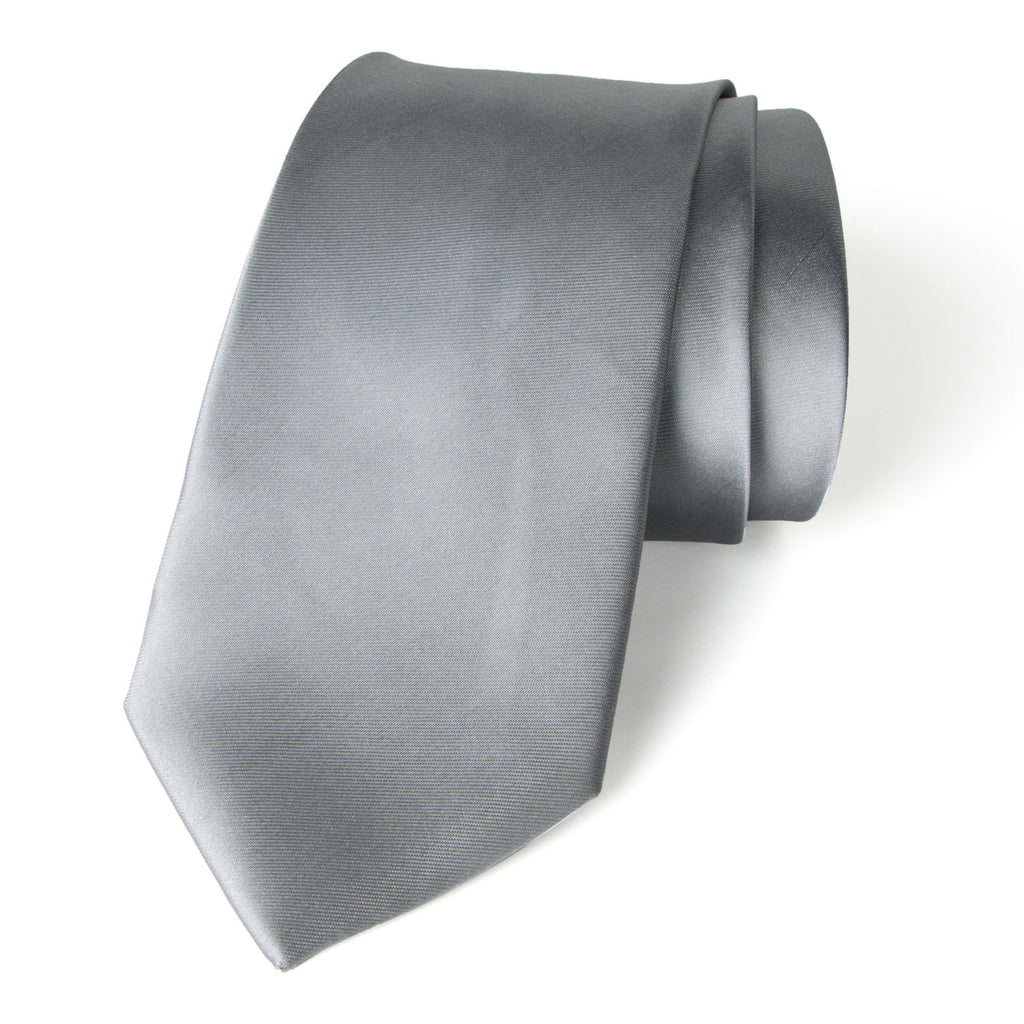 men's medium grey gray solid color satin microfiber necktie tie