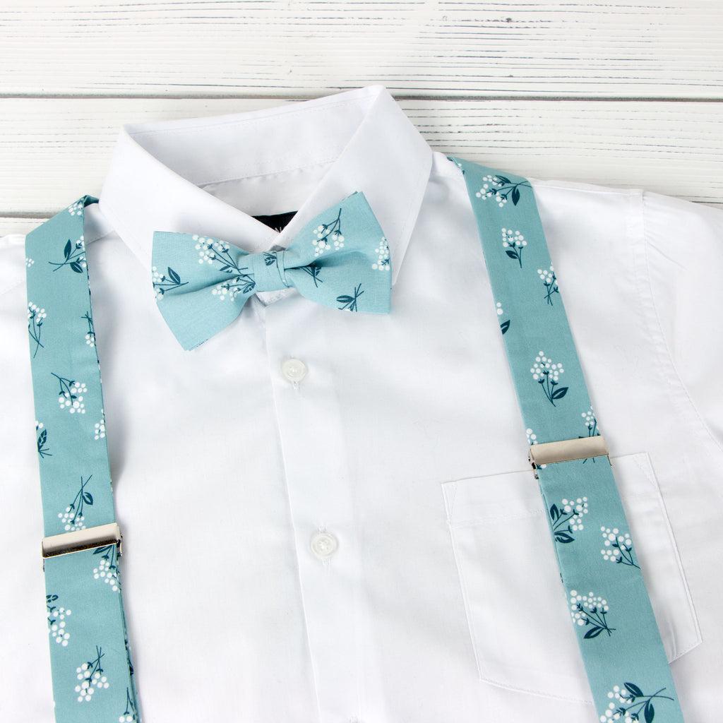 Men's Floral Cotton Suspenders and Bow Tie Set, Blue (Color F14)