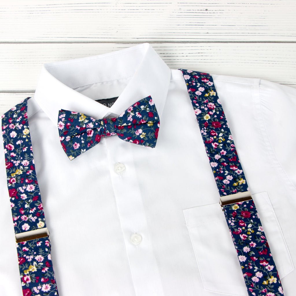 Men's Floral Cotton Suspenders and Bow Tie Set, Navy (Color F23)