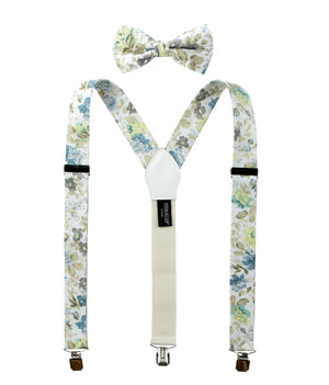 Men's Floral Cotton Suspenders and Bow Tie Set, Sage Yellow (Color F24)