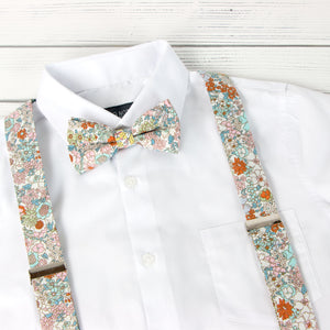 Men's Floral Cotton Suspenders and Bow Tie Set, Blue Pink Sage (Color F27)
