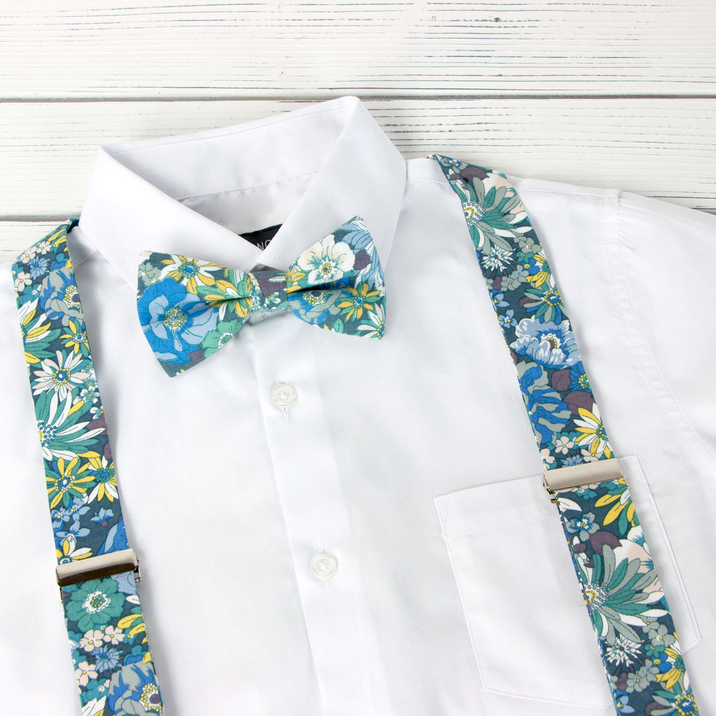 Men's Floral Cotton Suspenders and Bow Tie Set, Blue (Color F31)
