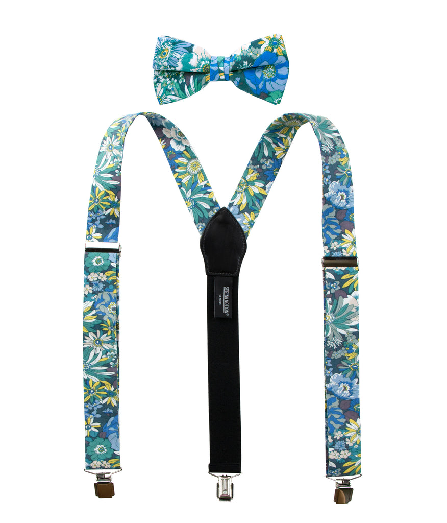 Men's Floral Cotton Suspenders and Bow Tie Set, Blue (Color F31)