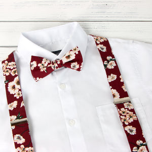 Men's Floral Cotton Suspenders and Bow Tie Set, Burgundy (Color F37)