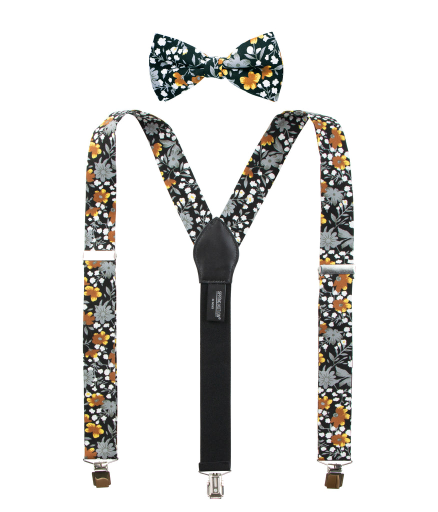 Men's Floral Cotton Suspenders and Bow Tie Set, Black Mustard (Color F41)