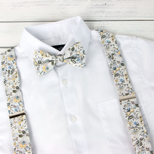 Men's Floral Cotton Suspenders and Bow Tie Set, Gold Metallic (Color F44)