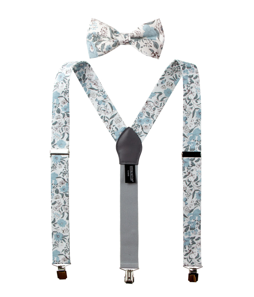 Men's Floral Cotton Suspenders and Bow Tie Set, Dusty Blue (Color F48)