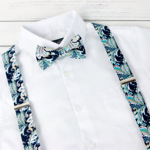 Men's Floral Cotton Suspenders and Bow Tie Set, Marine (Color F50)