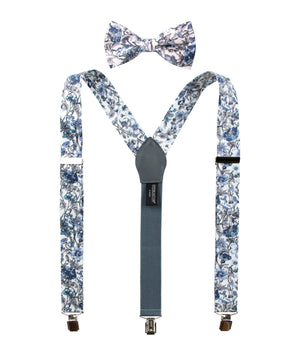 Men's Floral Cotton Suspenders and Bow Tie Set, Steel Blue (Color F54)