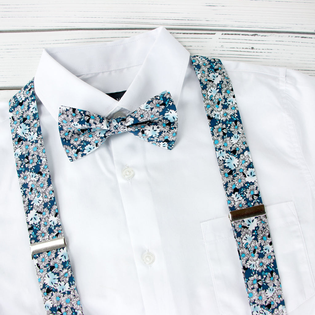 Men's Floral Cotton Suspenders and Bow Tie Set, Blue (Color F58)
