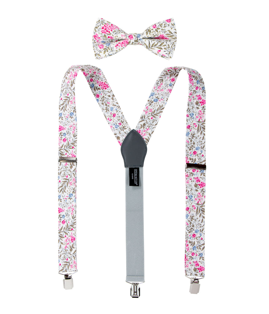 Men's Floral Cotton Suspenders and Bow Tie Set, Blue/Pink (Color F64)