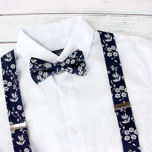 Men's Floral Cotton Suspenders and Bow Tie Set, Black (Color F66)