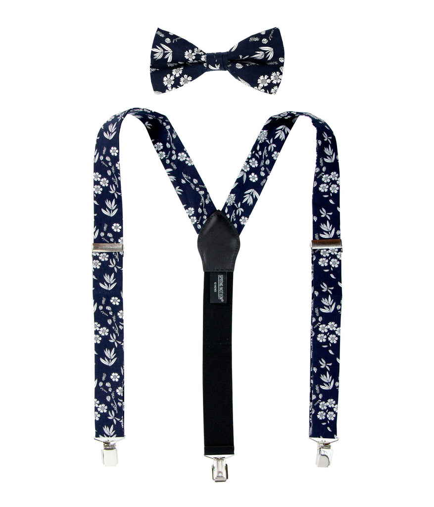 Men's Floral Cotton Suspenders and Bow Tie Set, Black (Color F66)