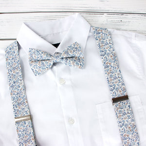 Men's Floral Cotton Suspenders and Bow Tie Set, Steel Blue (Color F67)