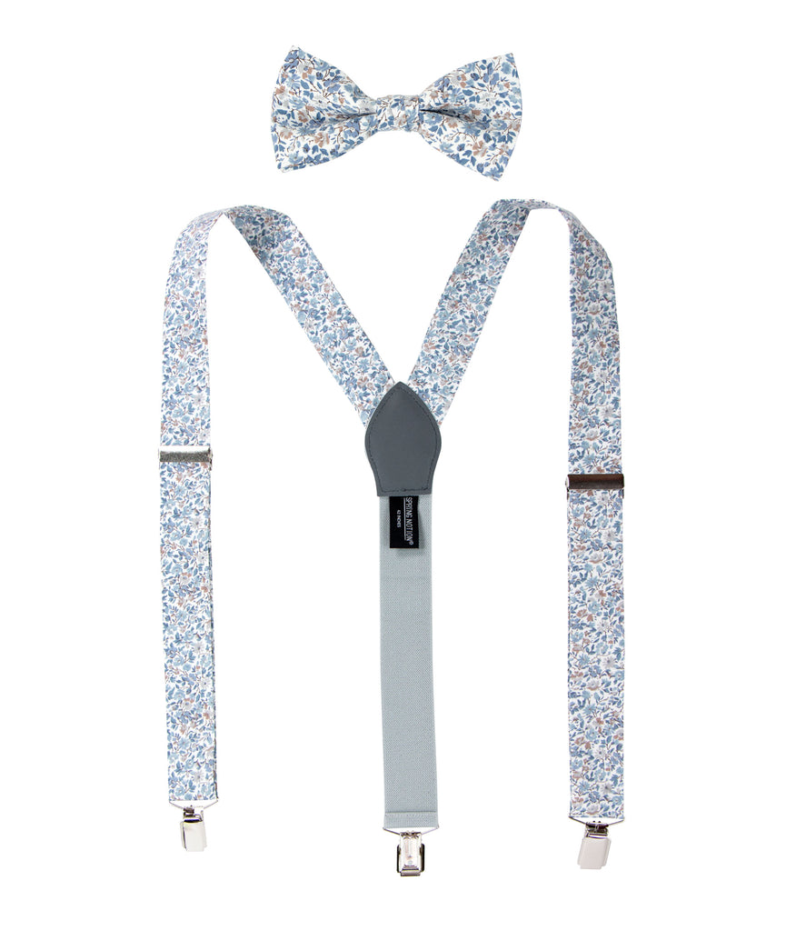 Men's Floral Cotton Suspenders and Bow Tie Set, Steel Blue (Color F67)