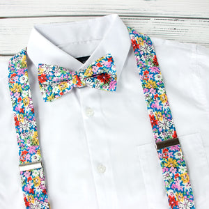 Men's Floral Cotton Suspenders and Bow Tie Set, Blue/Yellow (Color F70)