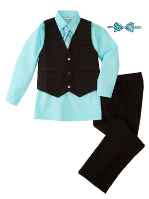Boys' Aqua 5-Piece Pinstripe Vest Set with Necktie & Bowtie