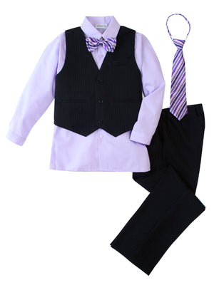 Boys' Lilac 5-Piece Pinstripe Vest Set with Necktie & Bowtie