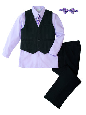 Boys' Lilac 5-Piece Pinstripe Vest Set with Necktie & Bowtie