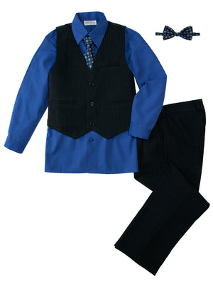 Boys' Royal Blue 5-Piece Pinstripe Vest Set with Necktie & Bowtie