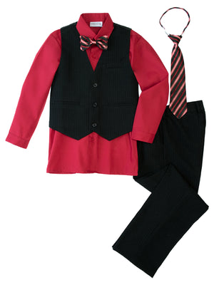 Boys' Red 5-Piece Pinstripe Vest Set with Necktie & Bowtie